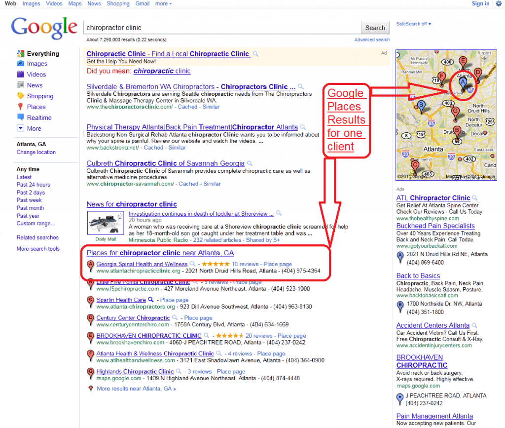 Google Places page one example results atlanta chiropractic clinic local SEO
