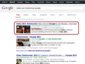Video SEO Testimonial Google page one in 52 minutes